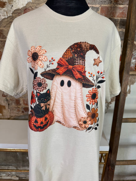 Patchwork Ghost Graphic Tee - Sand - Salty Lime Boutique