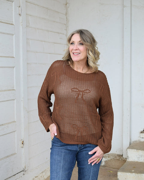 LILIA BOW CROCHET SWEATER - BROWN