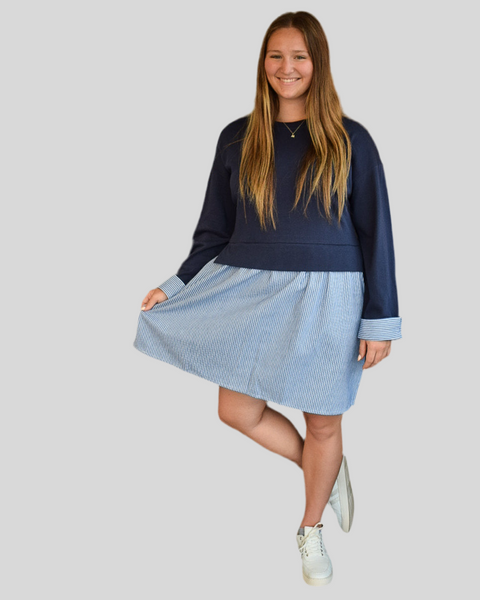 MIXED FABRIC LONG SLEEVE DRESS - NAVY