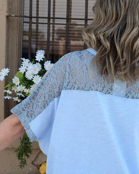 Peaceful Blooms Color Block Top - Lt. Blue