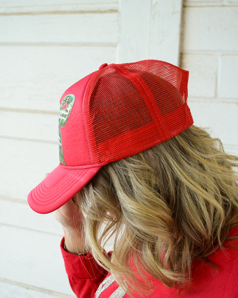SEQUINS PLAID BOW TRUCKER HAT -RED