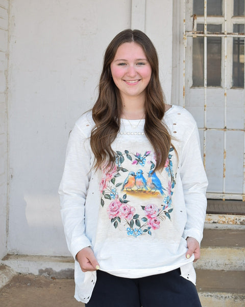 BLUE BIRDS TATTERED TEE - BY A RARE BIRD - WHITE - Salty Lime Boutique