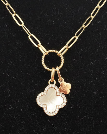 Rhinestone & Mother of Pearl Clover Necklace - Gold