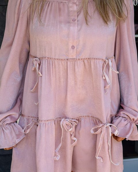 EVE SATIN SHIRT DRESS WITH BOW TIE -BLUSH