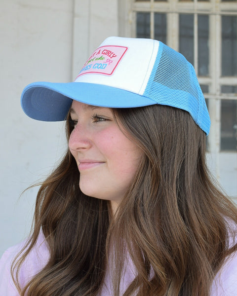 JUST A GIRLY WHO LOVES JESUS TRUCKER CAP - LIGHT BLUE/WHITE