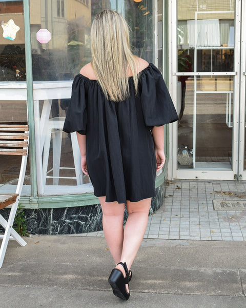 PUFF SLEEVE OFF THE SHOULDER MINI DRESS - BLACK