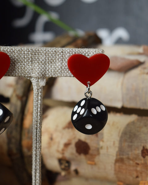 DICE & HEART DANGLE EARRINGS - BLACK