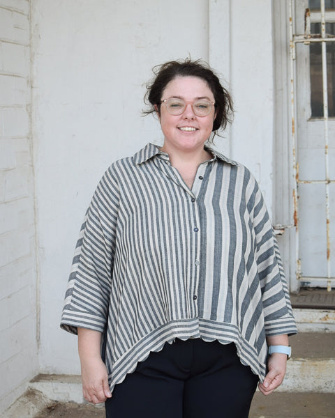 SCALLOPED BUTTON DOWN STRIPE SHIRT