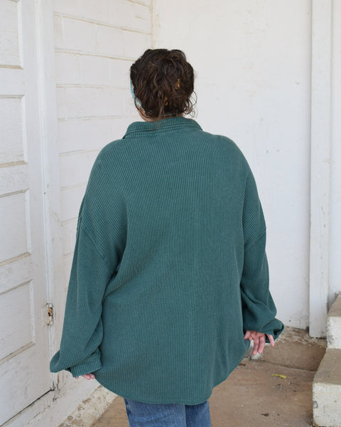 THE NEXT CHAPTER OVERSIZED MINERAL WASHED BUTTON UP SHACKET- DARK GREEN