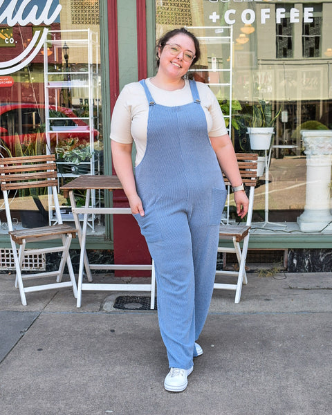 CURVY - SLEEVELESS SOLID RIBBED JUMPSUITS - DENIM