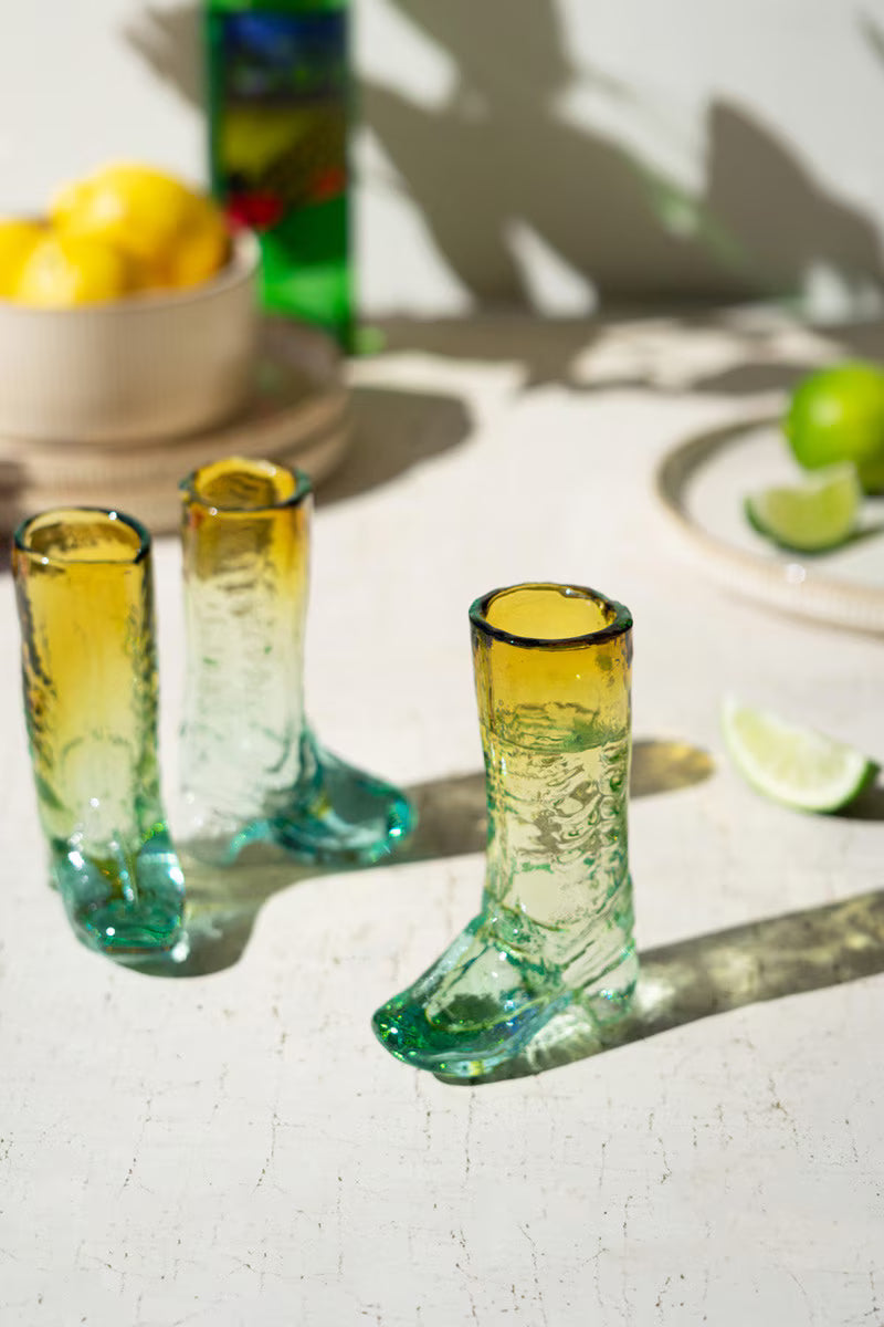 RECYCLED GLASS BOOT SHOT GLASS - BLUE & AMBER