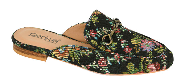 CHARMER FLAT MULE BY CORKYS - BLACK BROCADE