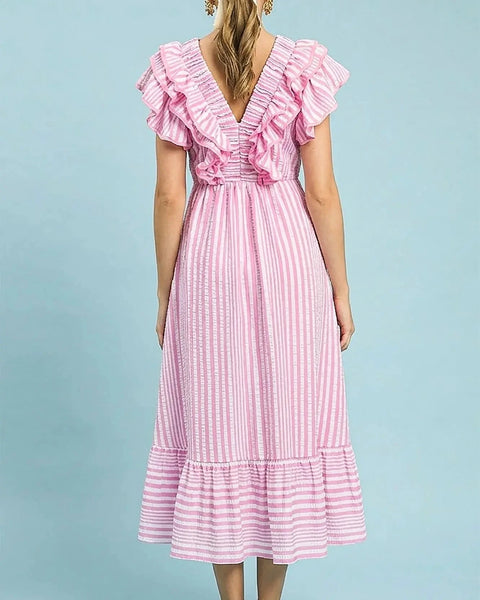 Lining Stripe V Neck Ruffle Midi Dress- Pink - Salty Lime Boutique