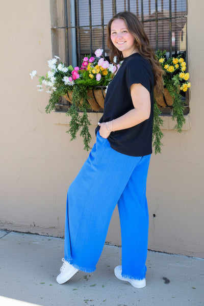 Umgee Breezy Days Linen Wide Leg Pants - Reg/Curvy - Royal Blue - Salty Lime Boutique