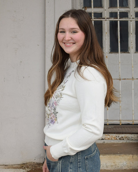 Embroidery Long Sleeves Knit Sweater: White - Salty Lime Boutique