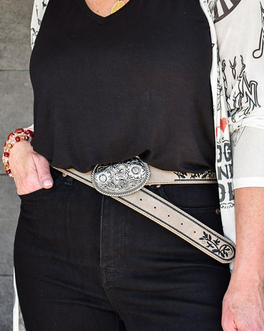 FLORAL EMBOSSED METAL BUCKLE EMBROIDERED BELT-  3 COLORS