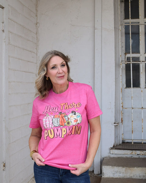 HEY THERE PUMPKIN GRAPHIC TEE- HEATHERED HOT PINK