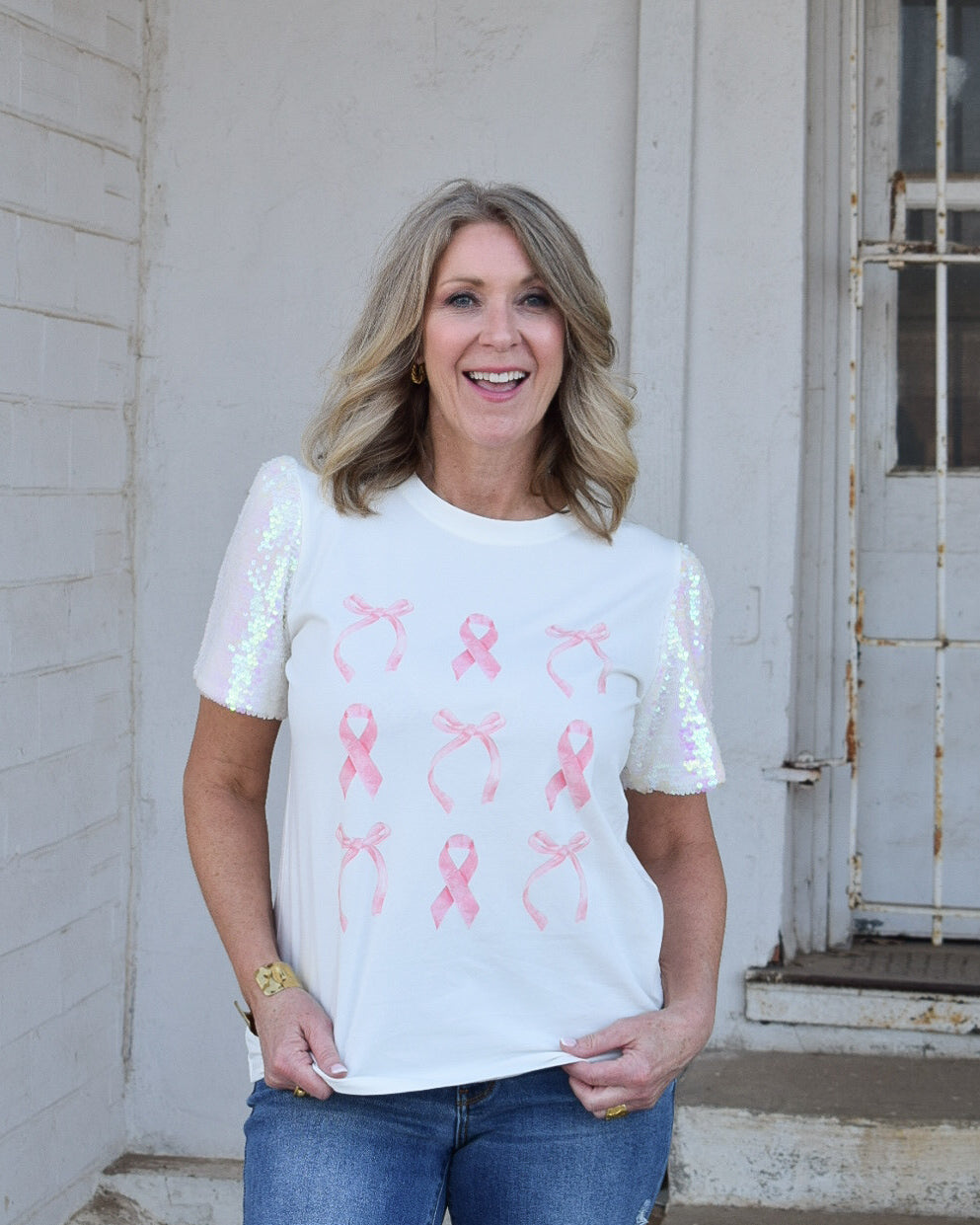 PINK RIBBON TOP- WHITE