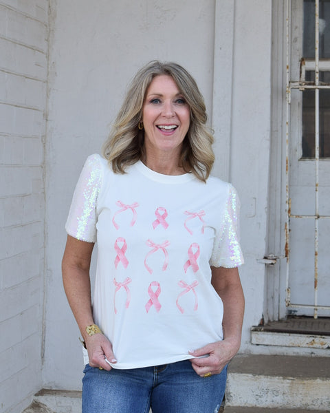 PINK RIBBON TOP- WHITE