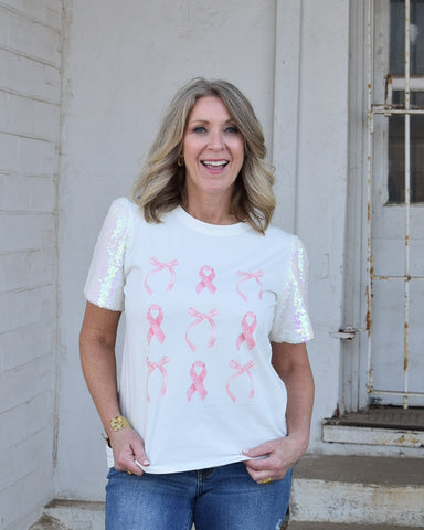 PINK RIBBON TOP- WHITE