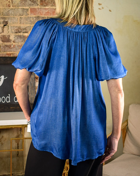 IF WISHES CAME TRUE BALLOON SLEEVE TOP - INDIGO