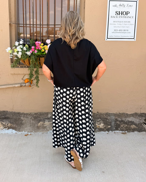 Polka Dot Printed Wide Leg Pants- Black