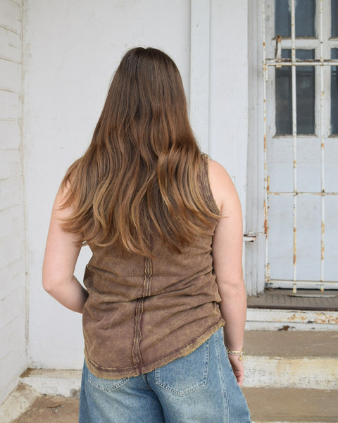 WASHED HALF BUTTON RAW EDGE SLEEVELESS HENLEY TOP - 4 COLORS - Salty Lime Boutique