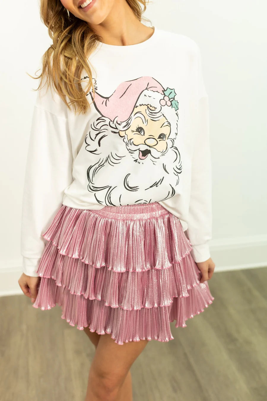 GLITTER SANTA ON WHITE SWEATSHIRT - WHITE