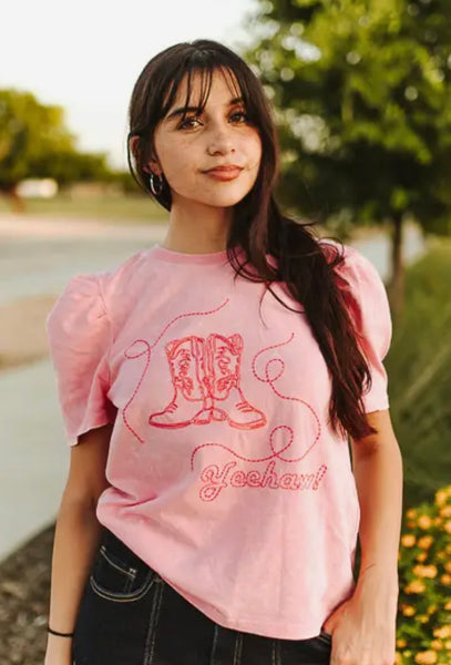 Pink mineral washed yeehaw boots embroidered half sleeve top - Pink - Salty Lime Boutique