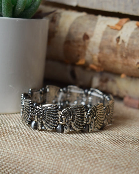 INDIAN CHIEF STRETCHY BRACELET - SILVER