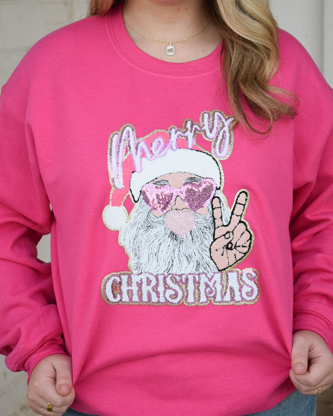 MERRY CHRISTMAS SANTA BUBBLEGUM SEQUINS PATCH SWEATSHIRT - HOT PINK
