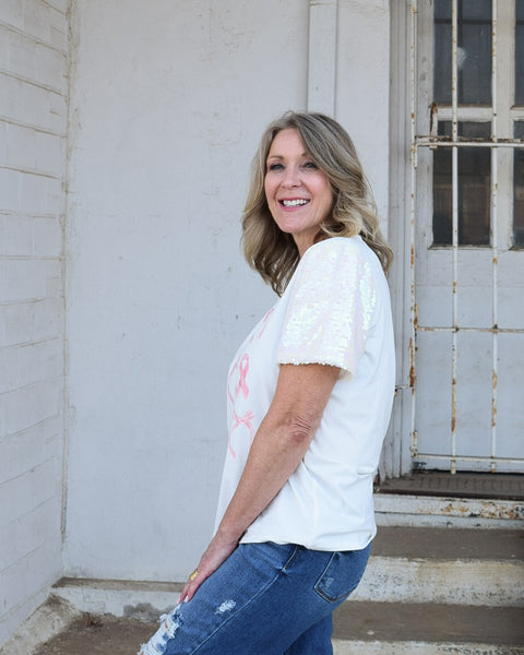 PINK RIBBON TOP- WHITE