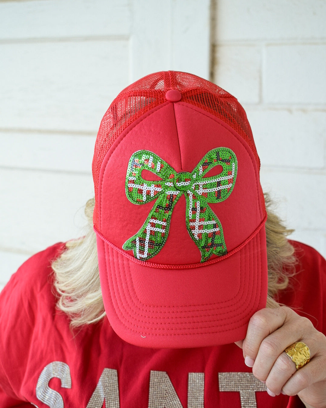 SEQUINS PLAID BOW TRUCKER HAT -RED