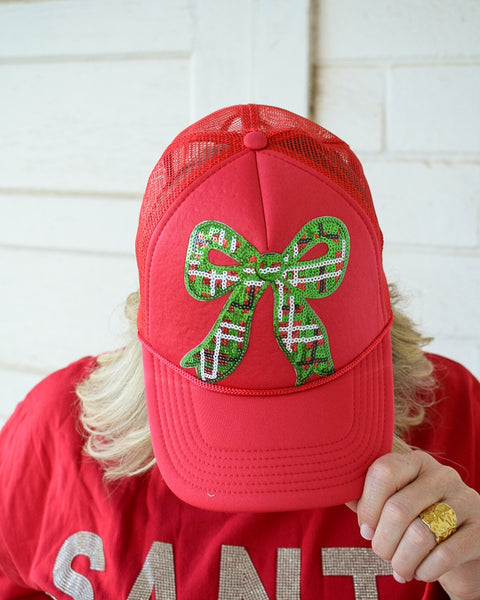 SEQUINS PLAID BOW TRUCKER HAT -RED