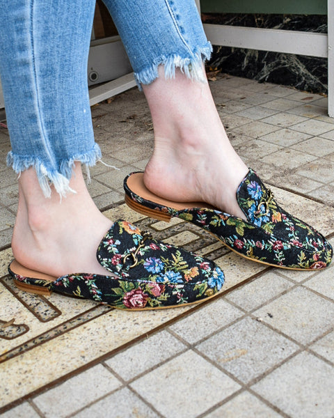 CHARMER FLAT MULE BY CORKYS - BLACK BROCADE