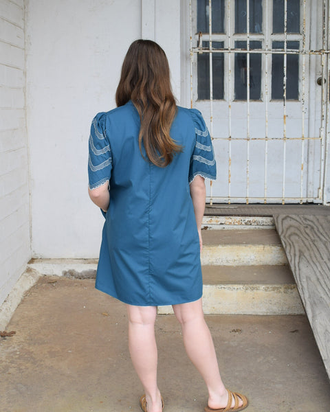 EMBROIDERY MINI DRESS- TEAL - Salty Lime Boutique