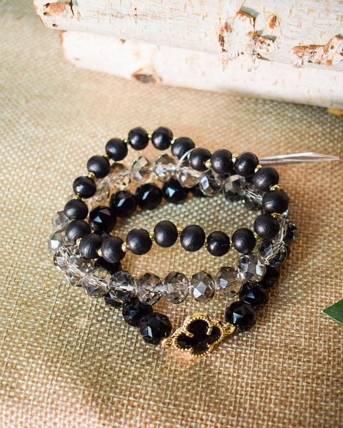 BLACK GLASS BEAD STRETCHY BRACELETS - SET OF 3 - Salty Lime Boutique