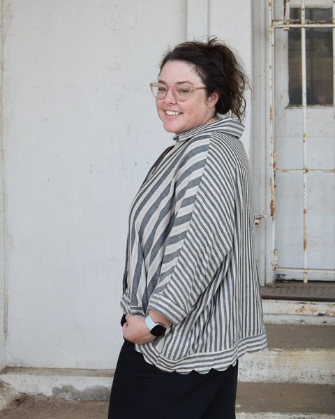 SCALLOPED BUTTON DOWN STRIPE SHIRT