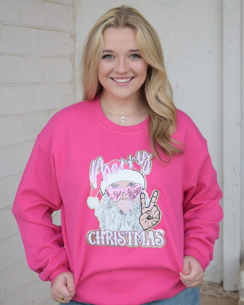 MERRY CHRISTMAS SANTA BUBBLEGUM SEQUINS PATCH SWEATSHIRT - HOT PINK