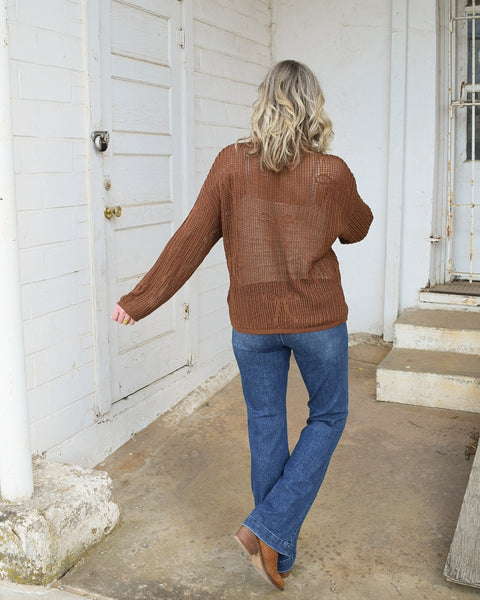 LILIA BOW CROCHET SWEATER - BROWN
