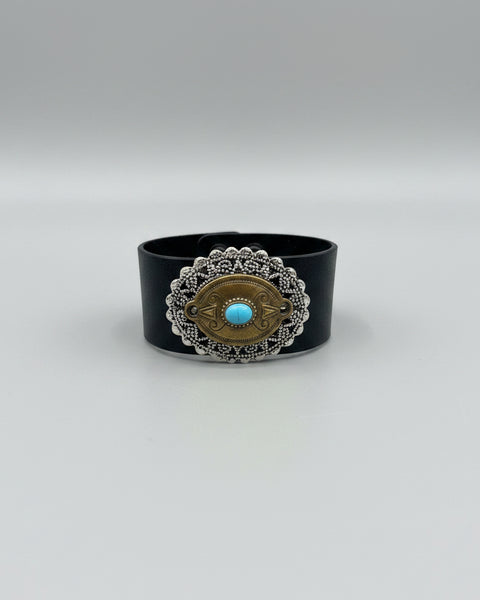 Filigree Two-Tone Turquoise Inspired Leather Cuff Bracelet - Brown