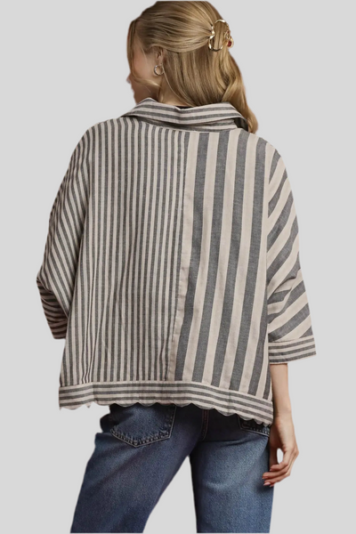 SCALLOPED BUTTON DOWN STRIPE SHIRT
