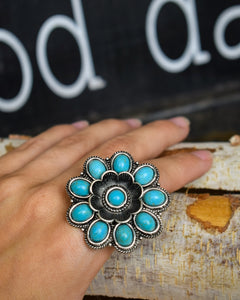 MANDALA FLOWER ADJUSABLE FAUX TURQUOISE RING