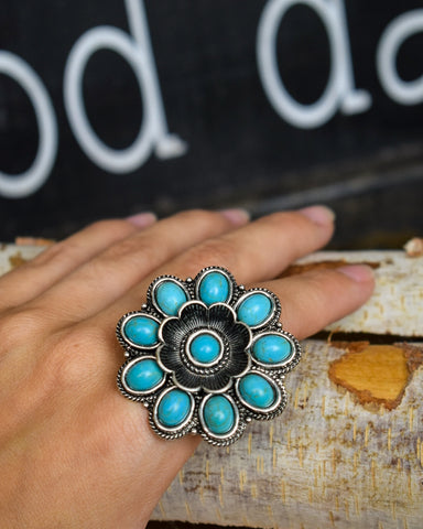 MANDALA FLOWER ADJUSABLE FAUX TURQUOISE RING