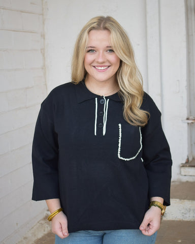 PEARL ACCENT POLO SWEATER- BLACK
