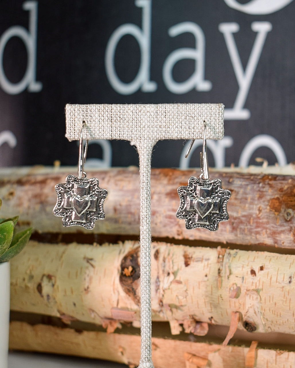 SACRED HEART & CROSS EARRINGS - SILVER