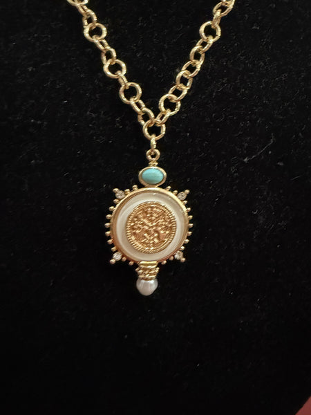 Wax Seal Pendant Necklace With Pearl and Turquiose