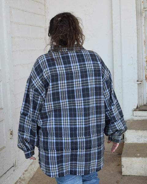 LONG SLEEVE MINERAL WASHED PLAID TOP BY EASEL - NAVY