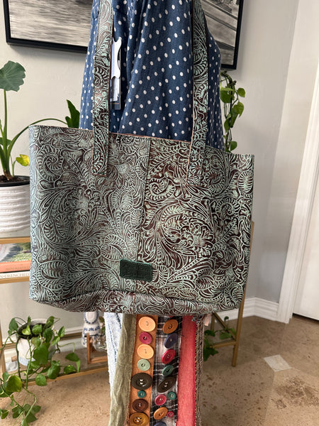 Embossed Western Leather Tote - Turquoise