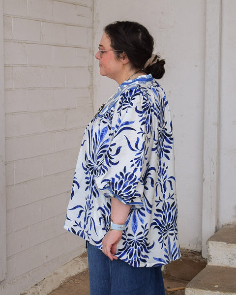 BLUE MIX PRINTED BLOUSE - CURVY 5742 - Salty Lime Boutique